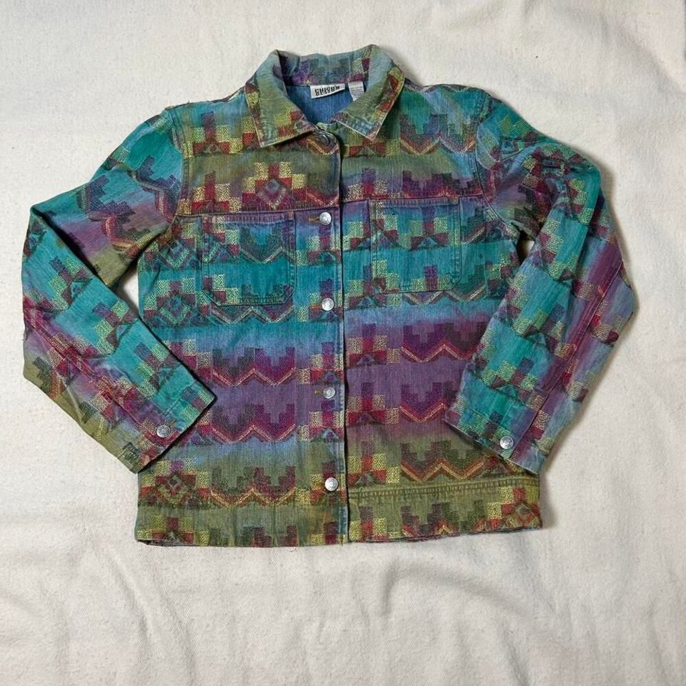 Chico's Multicolor Patterned Jean Jacket - Teal, Purple, Green